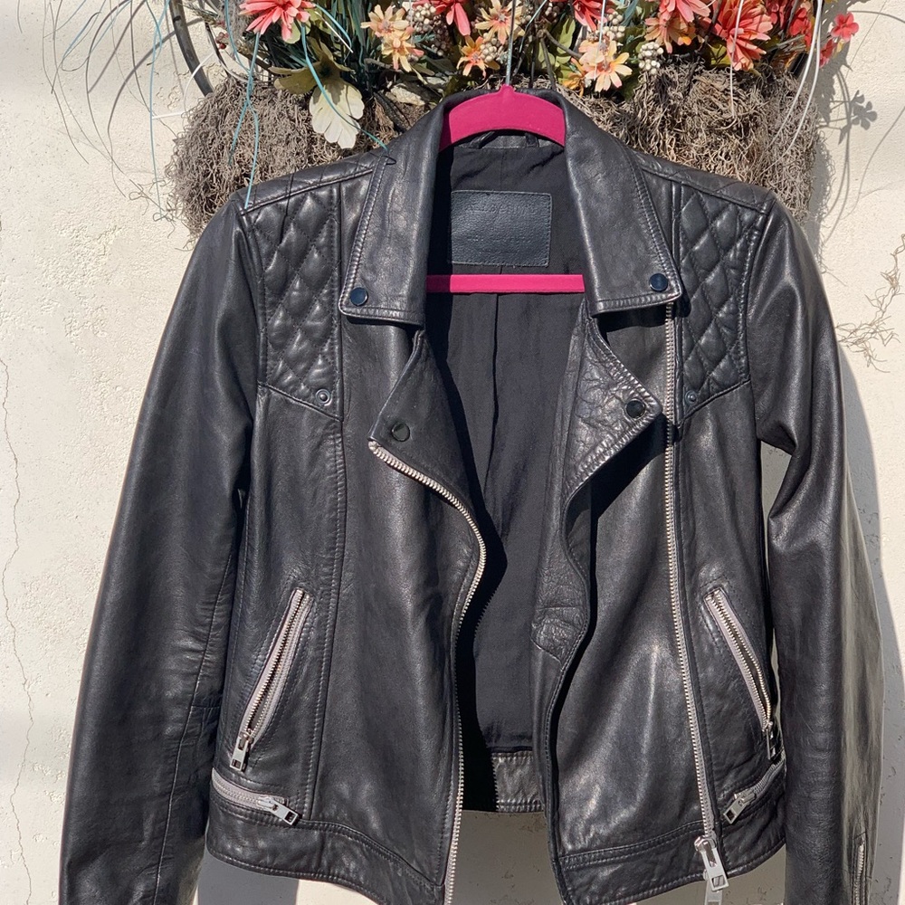 All Saints black leather Conroy jacket, US 4/UK 8